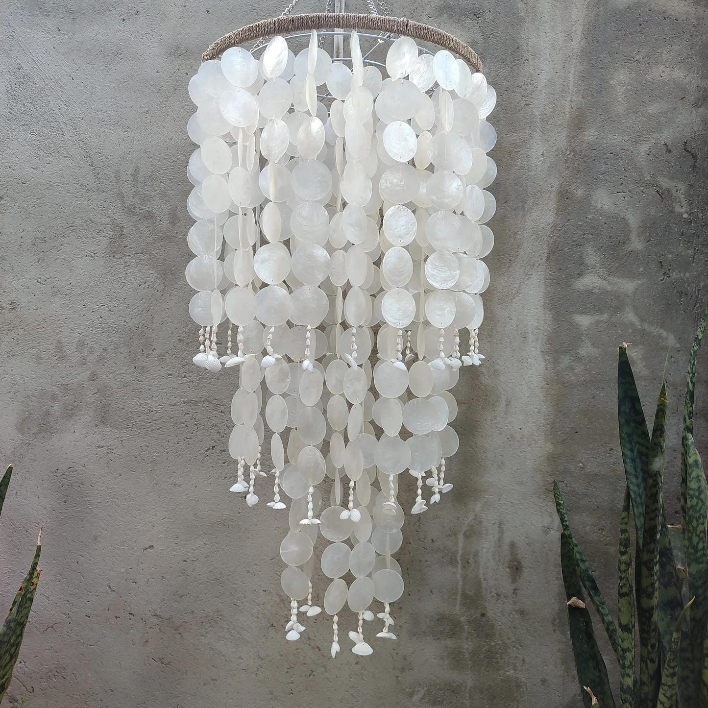 White capiz shell chandelier against a neutral wall with plants in the background