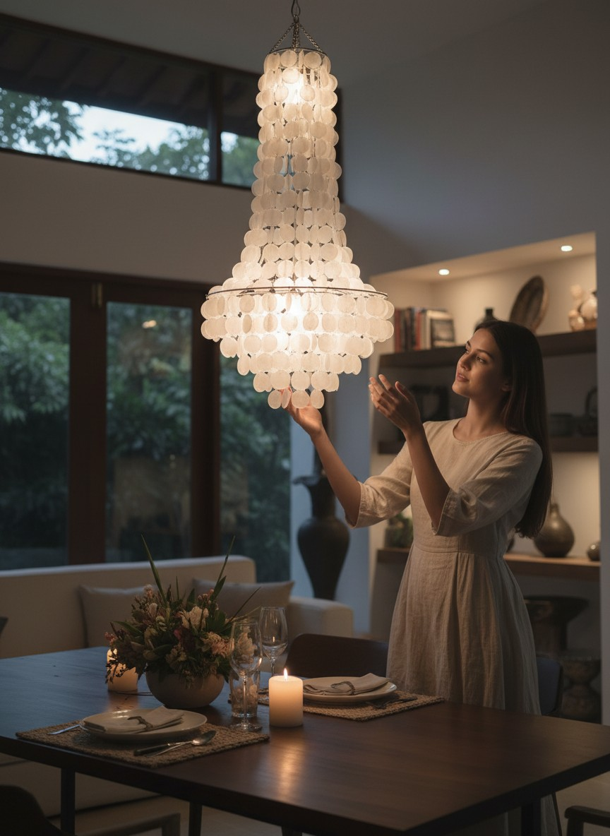 Capiz shell chandelier hanging on 5he top of dining table