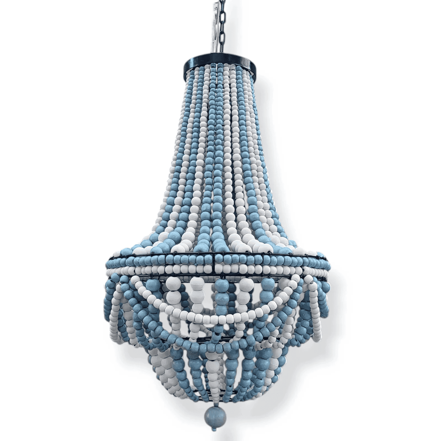 Wood bead chandelier with blue and white beads on a white background