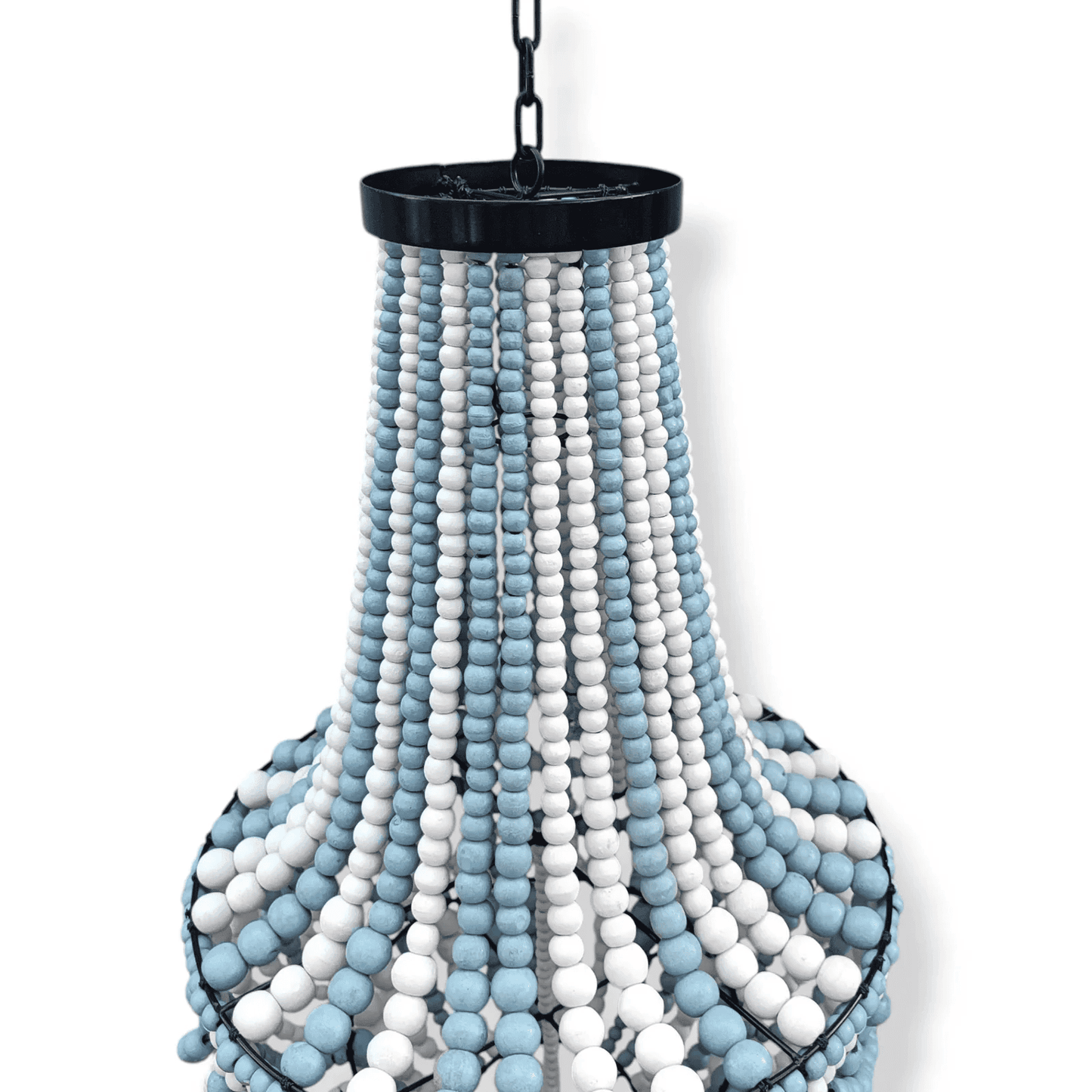 Decorative chandelier with blue and white wood beads on a white background