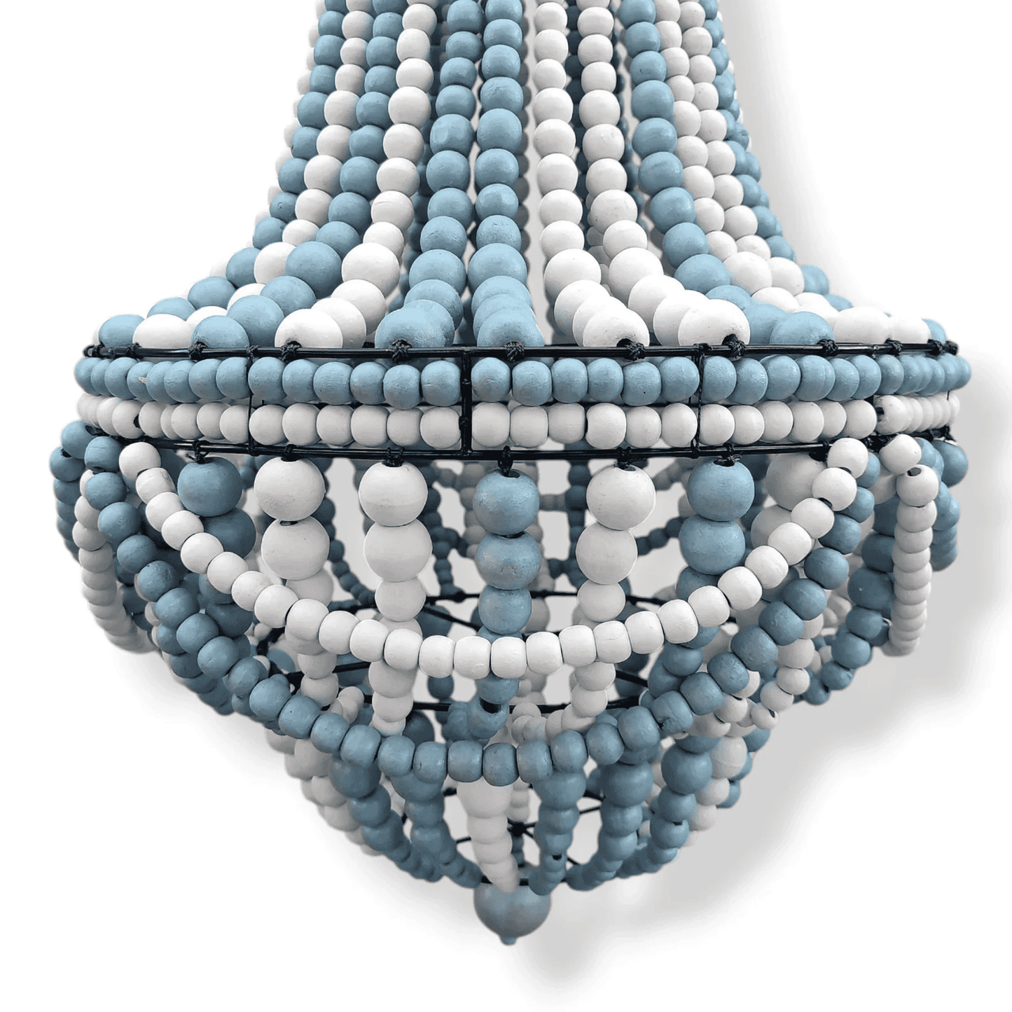 Beaded chandelier with blue and white woodbbeads on a white background